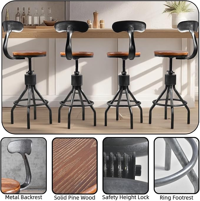 Industrial Pipe Design Bar Table 41.3inch Height and Set of 4 Rustic Bar Stools with Backrest 23-33" Height Adjustable Vintage Pub Bistro Table Set for Kitchen Dining Cafe House Office Meeting