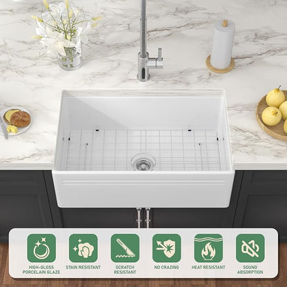 White Farmhouse Sink 30 Inch Fireclay Reversible Apron Front Farm Sink 30"x18"x10" Glossy White Porcelain Farms House Style Single Bowl Farmhoues kitchen Sinks with Luxury Accessories