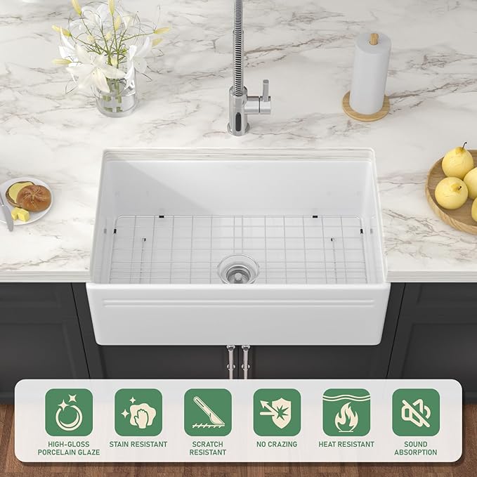 White Farmhouse Sink 33 Inch Fireclay Apron Front Farm Sinks Drop In Undermount Large Deep Farm Country Style Single Bowl Farm Sinks with Luxury Accessory, 33"x20"x10"
