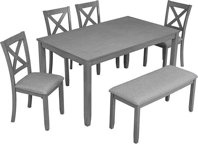 6-Piece Kitchen Dining Set, Rectangular Wooden Dining Table with 4 Upholstered Chairs and 1 Bench, Modern Dining Table Set for 6 People for Dining Room, Home Bar and Kitchen, Gray