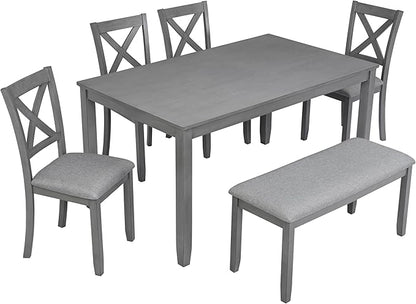 6-Piece Kitchen Dining Set, Rectangular Wooden Dining Table with 4 Upholstered Chairs and 1 Bench, Modern Dining Table Set for 6 People for Dining Room, Home Bar and Kitchen, Gray
