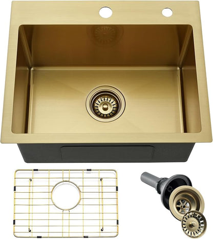 Gold Drop In Bar Sink,20x16 Top Mount Wet Bar Sink Single Bowl 16 Gauge Small Sink Stainless Steel Deep Basin