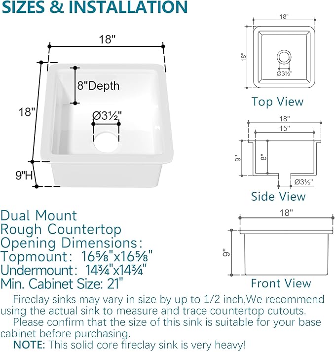 Small Undermount Bar Sink White 18 x 18 Inch, 9" Height Topmount Fireclay Kitchen Sink Drop In Single Bowl, Dual Mount Heavy Duty, w Accessory 2 Types, White, for Kitchen, Outdoor