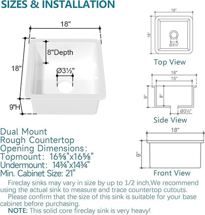 Small Undermount Bar Sink White 18 x 18 Inch, 9" Height Topmount Fireclay Kitchen Sink Drop In Single Bowl, Dual Mount Heavy Duty, w Accessory 2 Types, White, for Kitchen, Outdoor