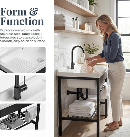 Freestanding Laundry Utility Sink, 28.3" x 19" x 32.3" Ceramic Utility Sink with Washboard Set with Bracket and Drain Kit for Laundry Room, Utility Room, Garage, Basement, Outdoor and Indoor