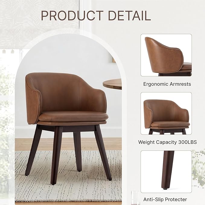 KISLOT Wooden Dining Chairs Set of 2, Faux Leather Upholstered Modern Dining Room Chairs with Barrel Backrest & Double-Layer Thick Cushion for Living Room, Restaurant, Kitchen and Café, Brown