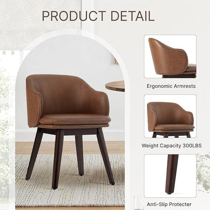 KISLOT Wooden Dining Chairs Set of 2, Faux Leather Upholstered Modern Dining Room Chairs with Barrel Backrest & Double-Layer Thick Cushion for Living Room, Restaurant, Kitchen and Café, Brown