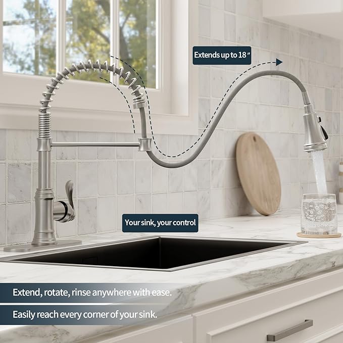 BWE Brushed Nickel Kitchen Faucet with Pull Down Sprayer, Single Handle High Arc Kitchen Sink Faucet 1 Hole or 3 Hole, Solid Brass Spring Kitchen Faucet with 3-Mode Sprayer for Farmhouse RV