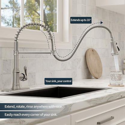 BWE Brushed Nickel Kitchen Faucet with Pull Down Sprayer, Single Handle High Arc Kitchen Sink Faucet 1 Hole or 3 Hole, Solid Brass Spring Kitchen Faucet with 3-Mode Sprayer for Farmhouse RV