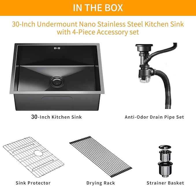 33 Inchs Undermount Kitchen Sink,33 x 19 x 9 Inch Black-Grey Single Bowl Sinks,16 Gauge Stainless Steel Nano Black Sinks with Accessories for Workstation, Prep Kitchen, Bar Sink Drop-in