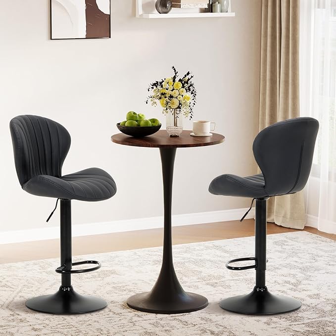 COLAMY Bar Stools Set of 3, Adjustable Modern Swivel Bar Chairs, Faux Leather Upholstered Barstools Counter Height with High Backrest for Bar, Kitchen Island, Dining Room, Black