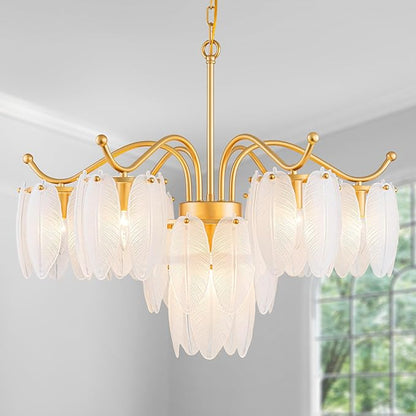 LumFurn D29inch Glass Chandelier, 7-Light Modern Pendant Light Fixture for Dining Room, Living Room, D29 x H27~72 inch Adjustable Height, Frosted Feather-Shaped Glass Shade & Brass Finish Frame