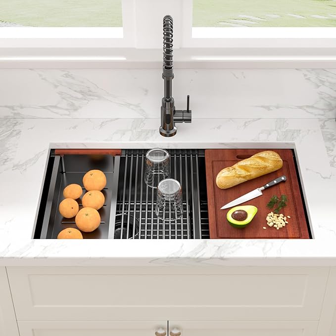 Sarlai 33 Inch Black Undermount Kitchen Sink Double Bowl 33 x 19 Inch Low Divided Gunmetal Black Workstation Double Kitchen Sink Stainless Steel 16 Gauge 60/40 Sinks Basin