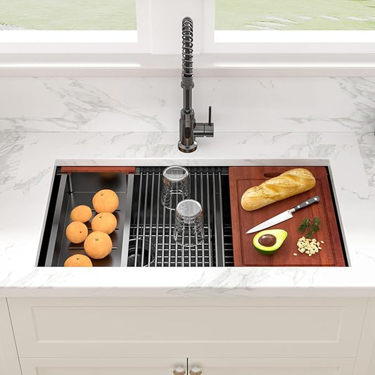 Sarlai 33 Inch Black Undermount Kitchen Sink Double Bowl 33 x 19 Inch Low Divided Gunmetal Black Workstation Double Kitchen Sink Stainless Steel 16 Gauge 60/40 Sinks Basin