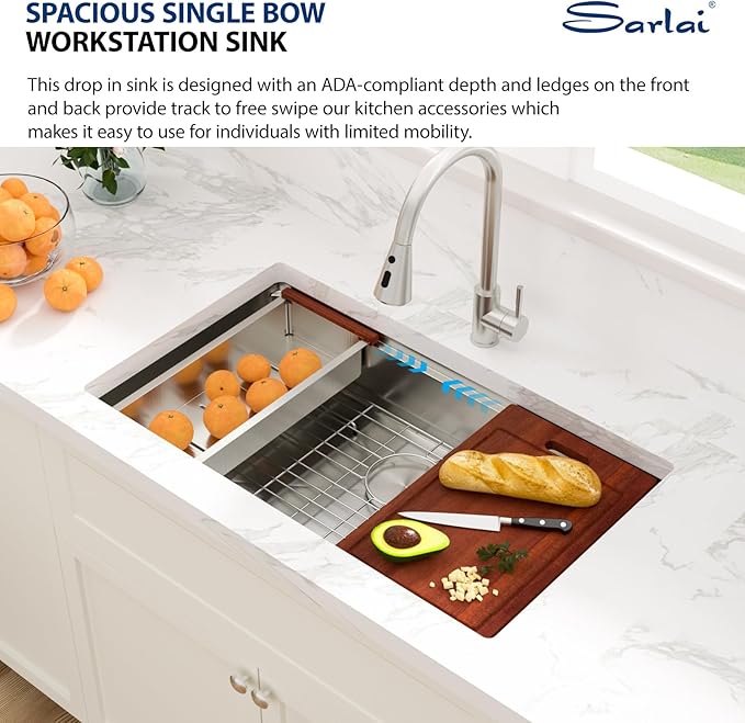 Sarlai ADA Undermount Kitchen Sink, 32 Inch Undermount Workstation Kitchen Sink 6-Inch Low Depth ADA Compliant Single Bowl 16 Gauge Stainless Steel 32x19 Inch Under Mount Handmade Sinks Basin