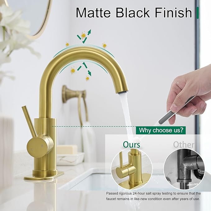 VOTON Bar Sink Faucet, Bathroom Kitchen 360° Rotatable Faucet, Brushed Gold Single Hole Bathroom Faucets Modern Small Mini Kitchen Bath Utility Vanity Outdoor Lavatory Faucets
