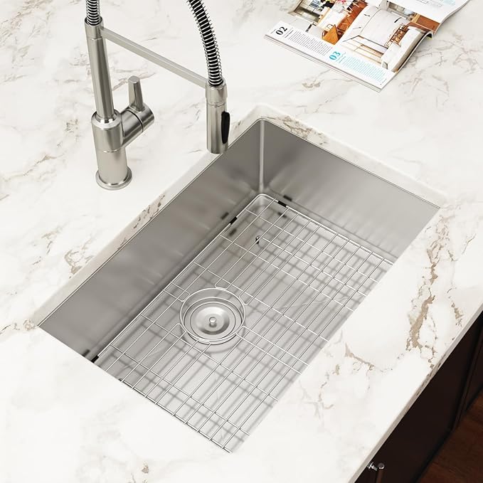 27 Inch Undermount Kitchen Sink 27x18 Stainless Steel Single Bowl Kitchen Sinks 16 Gauge Under Counter Round Corner Handmade Sinks Basin, 27x18x9 Inch