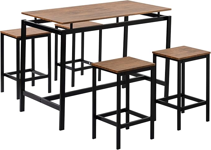 Solid Wood 4-Piece Kitchen DIng Table Set, Counter Height Bar Table Set with 3 Stools and Storage Shelves, Perfect for Home, Kitchen, Living Room (Brown-1)