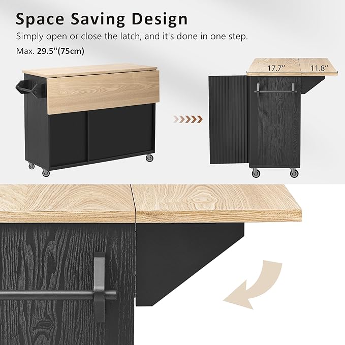 RUNNA Fluted Kitchen Island with Drop Leaf, Farmhouse Accent Kitchen Island on Wheels with Internal Storage Rack,Rolling Cart with Towel Rack,Dining Room,Black Ash (Black@046)