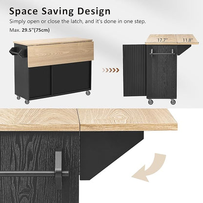 RUNNA Fluted Kitchen Island with Drop Leaf, Farmhouse Accent Kitchen Island on Wheels with Internal Storage Rack,Rolling Cart with Towel Rack,Dining Room,Black Ash (Black@046)