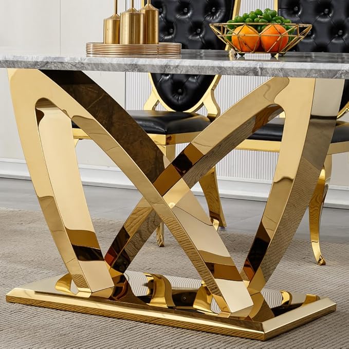Modern Luxurious Rectangular Dining Table for 6-8, MDF Kitchen Table with Heavy-Duty Irregular Base, Faux Marble Heat-Resistant Furniture for Dining Room & Family Gatherings (Gold)