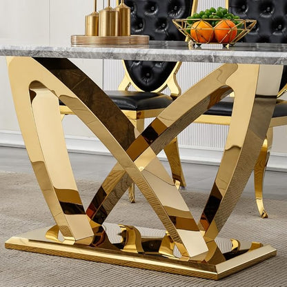 Modern Luxurious Rectangular Dining Table for 6-8, MDF Kitchen Table with Heavy-Duty Irregular Base, Faux Marble Heat-Resistant Furniture for Dining Room & Family Gatherings (Gold)