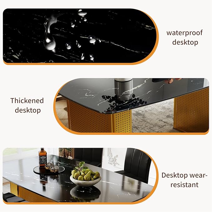 Modern Rectangular Dining Table, Tempered Glass Marble-Top with Gold Dual Pedestal Base, 6-8 Seater, Perforated Metal Frame for Stability, Stylish Kitchen Table for Dining Room and Home Office Use