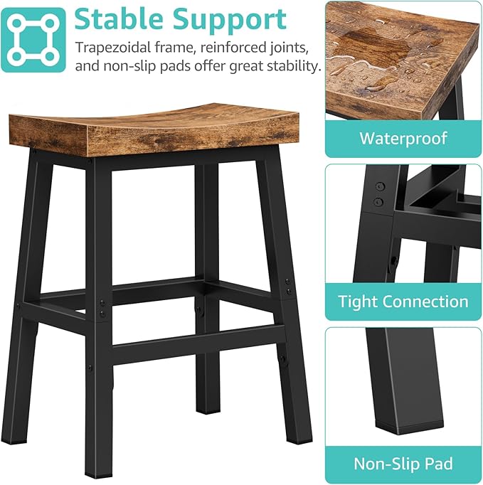 WINAZ Rustic Bar Stools, 24 Inch Barstools, Counter Height Stools with Footrest, Wooden Stool for Kitchen Island, Heavy Duty Backless Chair for Dining Table Farmhouse Outdoor 1 PC