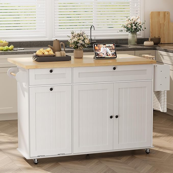 ComfyCorner 60" Rolling Large Kitchen Island on Wheels with Extendable Table, Drop Leaf & Power Outlet, Mobile Kitchen Cart with Storage Cabinet, 2 Drawers, Spice Rack, Towel & Knife Holder, White