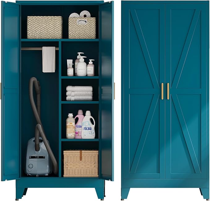 Metal Combination Cabinet, Utility Storage Cabinet with 4 Shelves, Farmhouse Pantry Closet with Doors, 71" Tall Storage Cabinets with Hanging Rod and Clothing Shelf for Hallway Laundry Mudroom