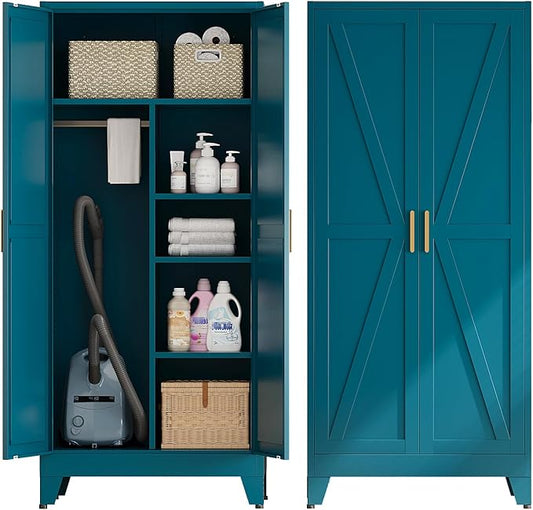 Metal Combination Cabinet, Utility Storage Cabinet with 4 Shelves, Farmhouse Pantry Closet with Doors, 71" Tall Storage Cabinets with Hanging Rod and Clothing Shelf for Hallway Laundry Mudroom