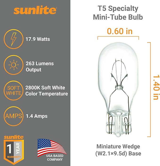 Sunlite T5 Specialty Mini-Tube Bulb, 17.9W, 263 Lumens, 12.8V, C-2R Filament, Miniature Wedge W2.1x9.5d Base, Clear Finish, 2800K Soft White, for Under Cabinet Lighting and Signage Lighting, 10 Pack