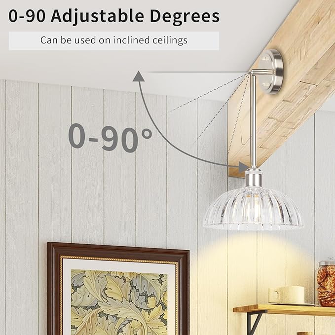 JYO 10" Brushed Nickel Pendant Lighting, Vintage Single Pendant Light Fixtur with Ribbed Glass, Pendant Light for Kitchen Island Bedroom Hotel Living Room