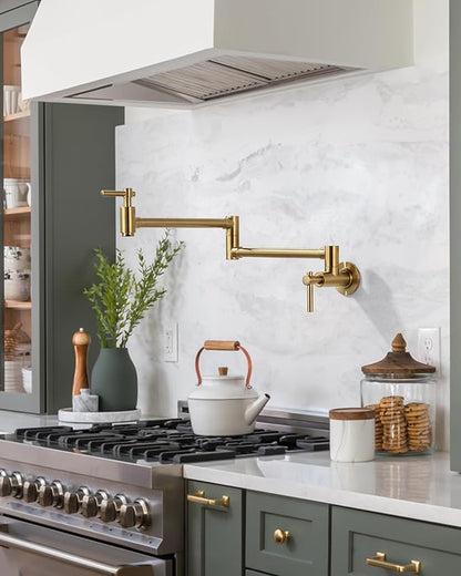 Gold Pot Filler Faucet, Wall Mount Copper Folding Faucet 2 Handle with Double Joint Swing Arms, Single Hole Brass Kitchen Faucet Over Stove