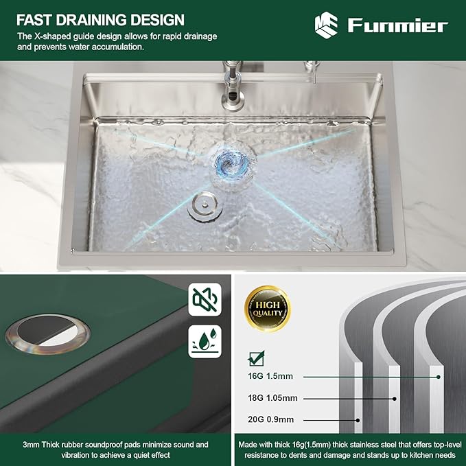 30 Inch Drop In Kitchen Sink, 16 Gauge 304 Stainless Steel 30x22 Drop In Ledge Workstation Sink, Topmount Single Bowl Basin Handmade Sink Above Counter, 30''x22''x10''