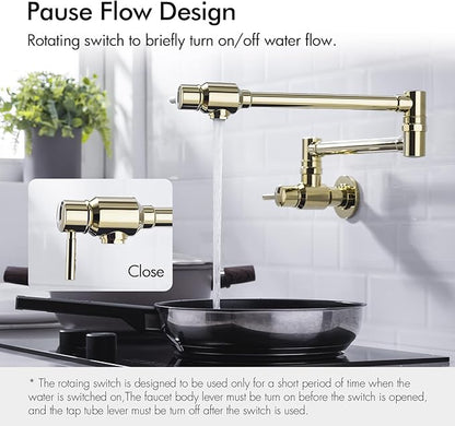 BAGNOLUX Pot Filler, Wall Mount Commercial Pot Filler Faucet Over Stove, Copper Material Brass Kitchen Faucet Folding with Stretchable Double Joint Swing Arm 23.4 inch, Polished Gold-PVD