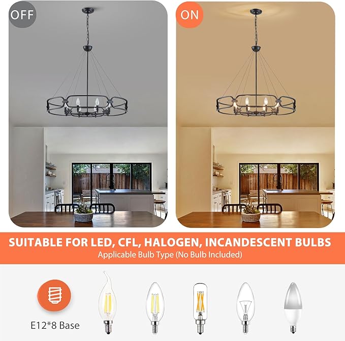 Black Chandelier, 31" Large 8-Light Industrial Chandeliers for Dining Room, Round Farmhouse Kitchen Pendant Lighting Fixture for Entryway, Living Room, Bedroom, Foyer, Office