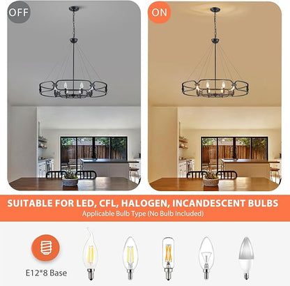 Black Chandelier, 31" Large 8-Light Industrial Chandeliers for Dining Room, Round Farmhouse Kitchen Pendant Lighting Fixture for Entryway, Living Room, Bedroom, Foyer, Office