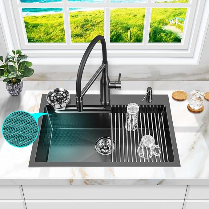 FRANIC 29" Handmade Black Bar Workstation Sink, 29" x 18" x 8" Stainless Steel Matte Nano Black Topmount Single Bowl Small Kitchen Outdoor Sink
