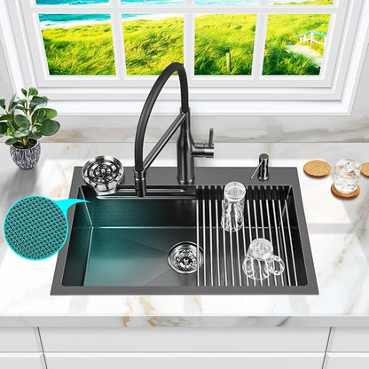 FRANIC 29" Handmade Black Bar Workstation Sink, 29" x 18" x 8" Stainless Steel Matte Nano Black Topmount Single Bowl Small Kitchen Outdoor Sink