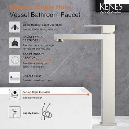 KENES Brushed Nickel Vessel Sink Facuet Single Handle Tall Bathroom Sink Faucet Vanity Bathroom Faucet Basin Mixer Tap with Water Supply Hose and Pop Up Sink Drain, LJ-9031A