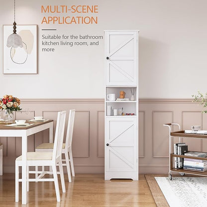 Viaozutis Tall Bathroom Storage Cabinet, Vertical Freestanding Organizer with Adjustable Shelf, Slim Design for Small Bathrooms, Towels & Toiletries Storage（White）