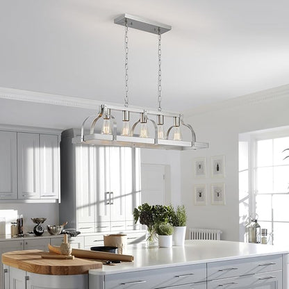 WUZUPS 5-Light Metal Chandelier Linear Pendant Ceiling Lighting Rustic Farmhouse Fixture Kitchen Island Dining Room, H 8.5" L 31.5" W10, E26 Base, Brushed Nickel