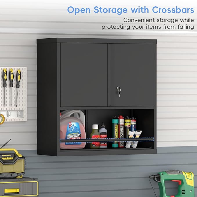 Metal Garage Cabinets, Lockable Storage Cabinet, Metal Cabinet with Open Storage, Upper Tool Cabinet for Basement, Wall Mounted Cabinets for Shop