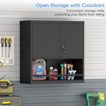 Metal Garage Cabinets, Lockable Storage Cabinet, Metal Cabinet with Open Storage, Upper Tool Cabinet for Basement, Wall Mounted Cabinets for Shop