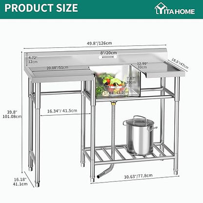 YITAHOME Stainless Steel Freestanding Utility Large Sink with 2 Drainboards & Cart Storage Space, Single Bowl NSF Commercial Prep Sink W/Storage Shelf for Restaurant, Laundry, Garage,Outdoor 50in