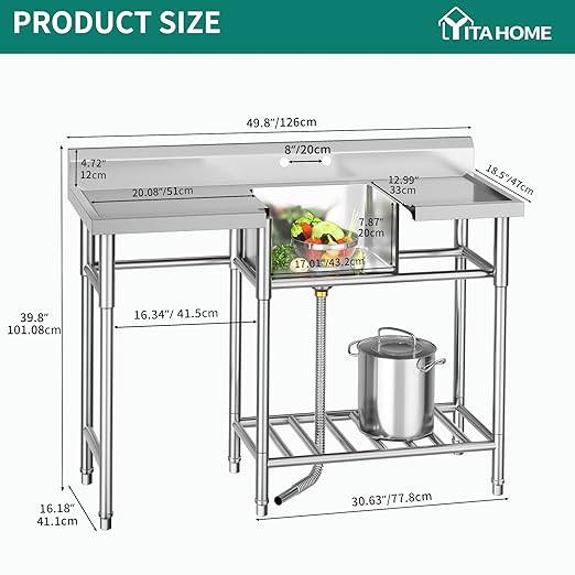 YITAHOME Stainless Steel Freestanding Utility Large Sink with 2 Drainboards & Cart Storage Space, Single Bowl NSF Commercial Prep Sink W/Storage Shelf for Restaurant, Laundry, Garage,Outdoor 50in