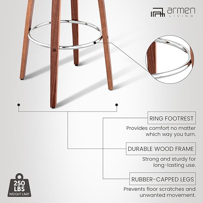 Armen Living Daxton Mid Century Modern Swivel Bar Stool for Kitchen Island Counter in Gray Faux Leather and Walnut Wood, 26" Seat Height