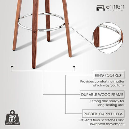 Armen Living Daxton Mid Century Modern Swivel Bar Stool for Kitchen Island Counter in Cream Faux Leather and Walnut Wood, 26" Seat Height