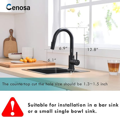Cenosa Modern Bar Sink Faucet for Kitchen Sink Single Handle with Pull Out Sprayer Hot and Cold Prep Sink Faucet Matte Black